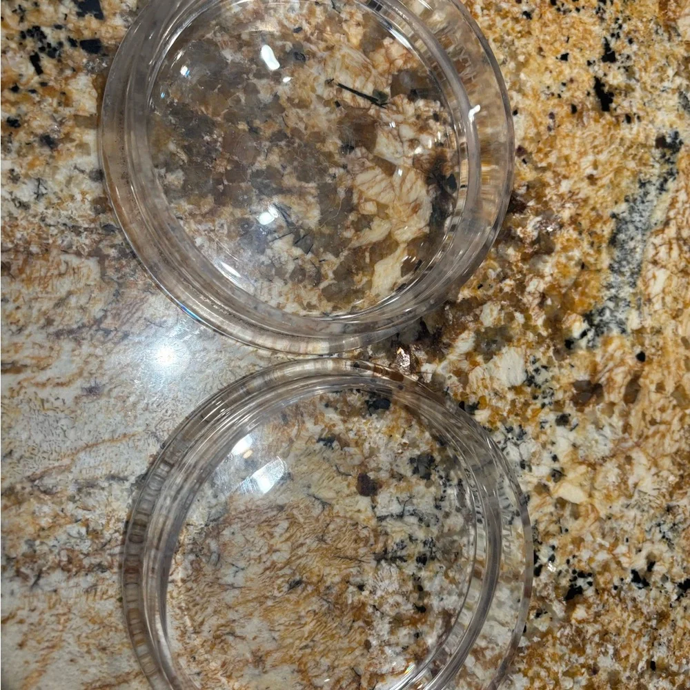 Two glass small pet dishes.